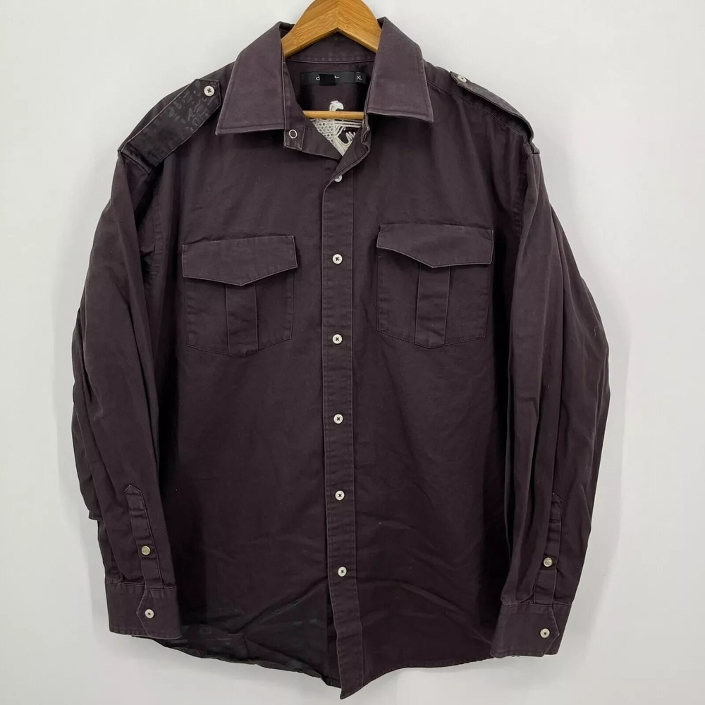 Sean John Mens XL Purple Embroidered Eagle Military Style Button Up Shirt